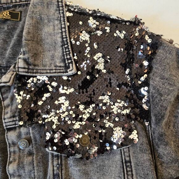 L&B Lucky and Blessed Womens Black Sequined Distressed Denim Jacket Large - Picture 6 of 13